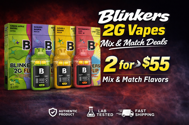 Blinkers 2G Flip vape boxes mix and match deal 2 for 55 featuring Gushers Banana Mochi Mango Tango Lemon Heads Green Apple Blue Nerdz Watermelon Z Lemon Cherry Gelato