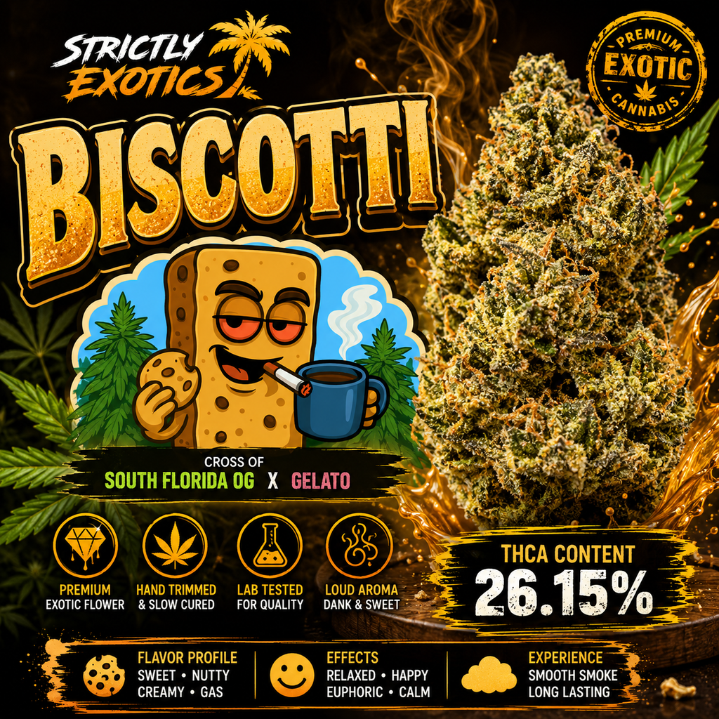 Biscotti THCa Flower 🍪💎 | 3.5g Eighth | 26.15% THCa 🔥 | Indica-Dominant Luxury Hybrid | Gelato #25 x South Florida OG | Sweet Cookie Gas