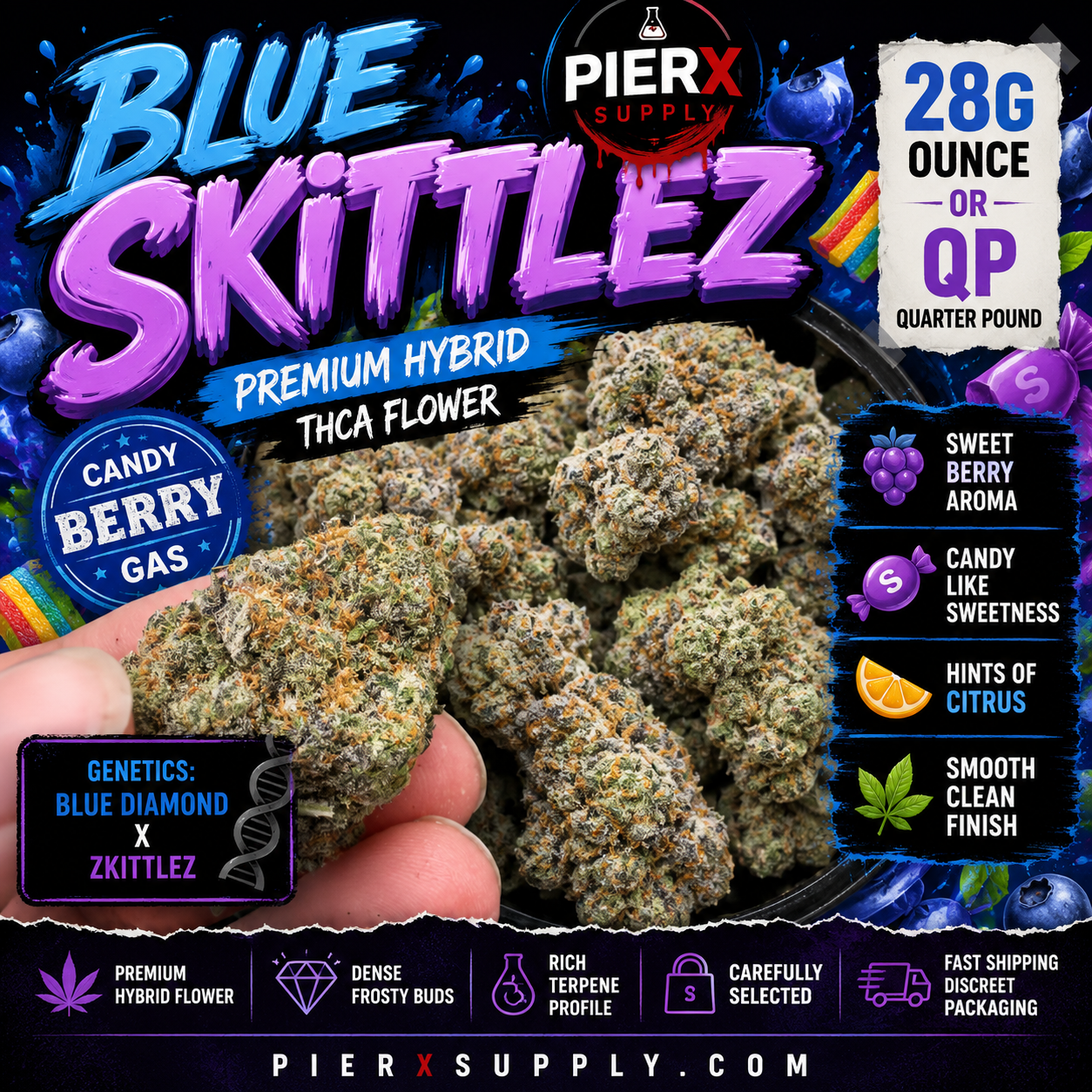 🫐🍬 Blue Skittlez Premium Hybrid THCA Flower | 28G & QP | Sweet Berry Candy Terpenes 🌿🔥