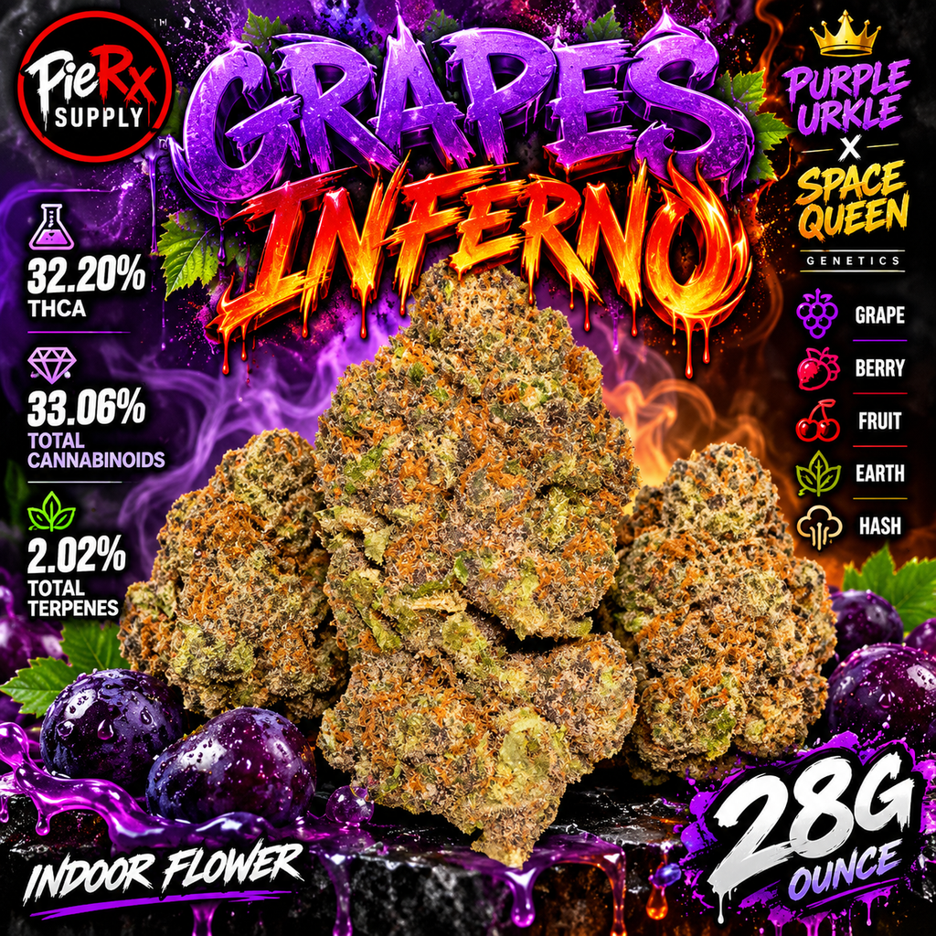 🍇🔥 Grapes Inferno 32.20% THCa Indoor Flower – Purple Urkle × Space Queen | 28G Ounce