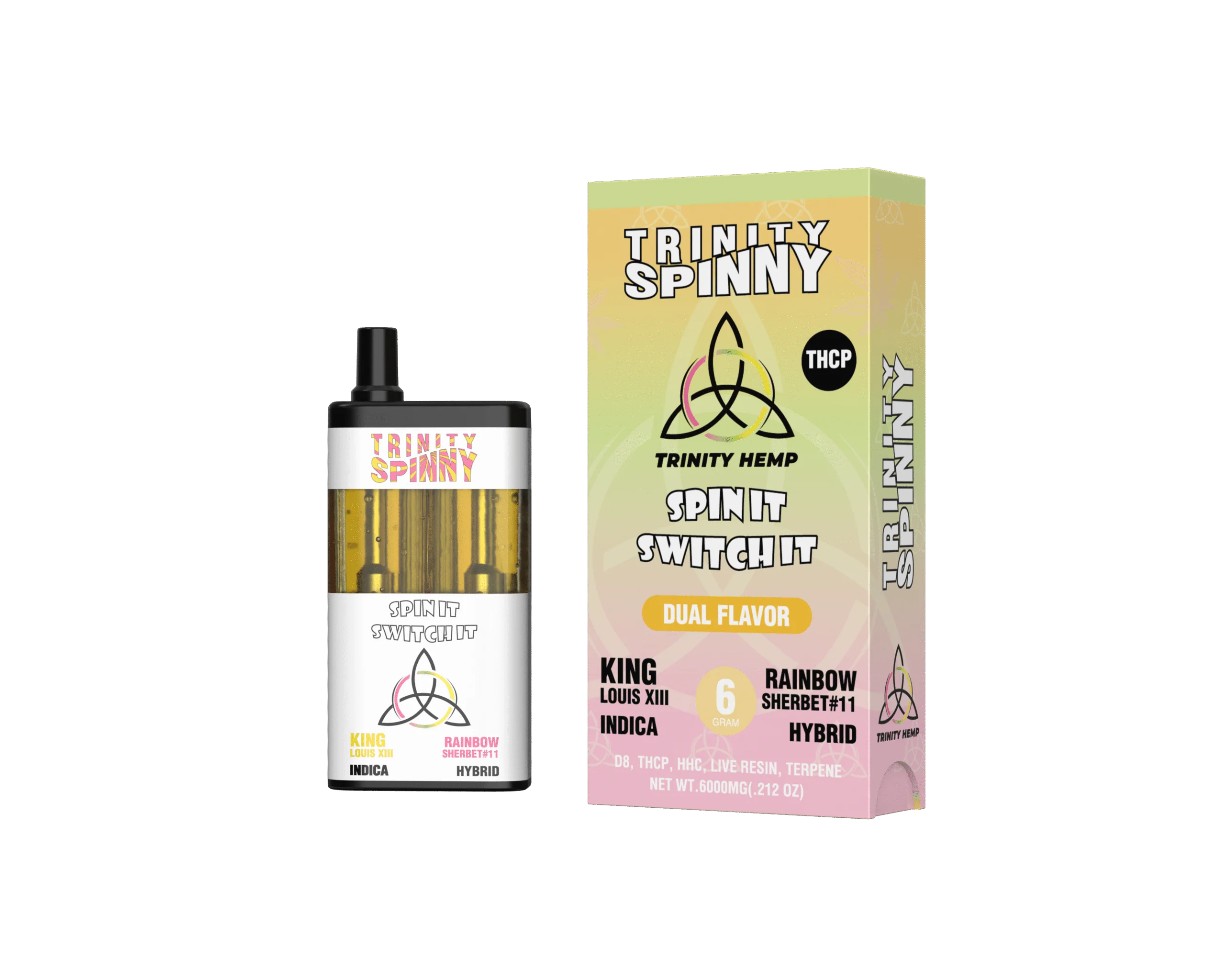 Trinity Spinny Dual Flavor 6 Gram Vape - KING LOUIS XIII (I) / RAINBOW SHERBET #11(H)
