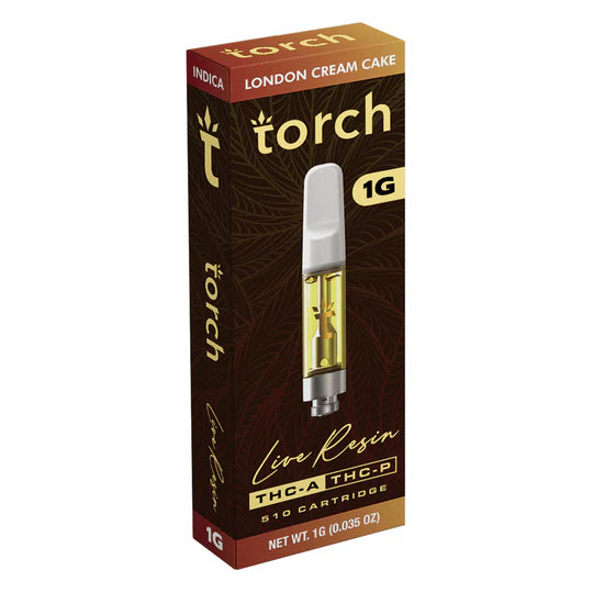 Torch 1G THC-P Live Resin Vape Cartridge London Cream Cake Indica product box packaging