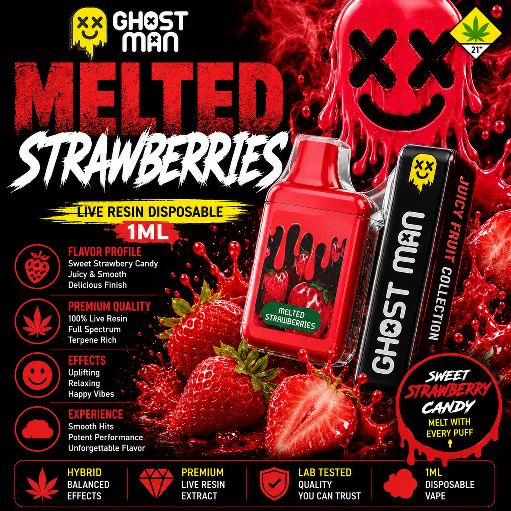 Ghost Man Melted Strawberries 1ML Live Resin Disposable 🍓👻 | Sweet Berry Candy Terps | Smooth Hybrid Vape | 1g Disposable