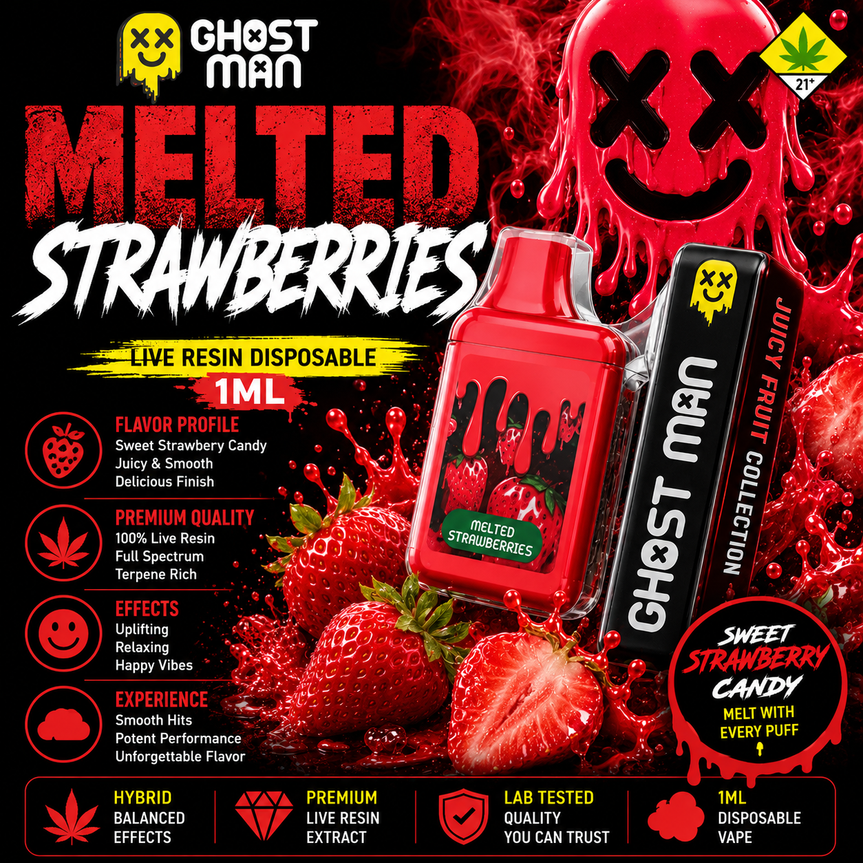 Ghost Man Melted Strawberries 1ML Live Resin Disposable 🍓👻 | Sweet Berry Candy Terps | Smooth Hybrid Vape | 1g Disposable