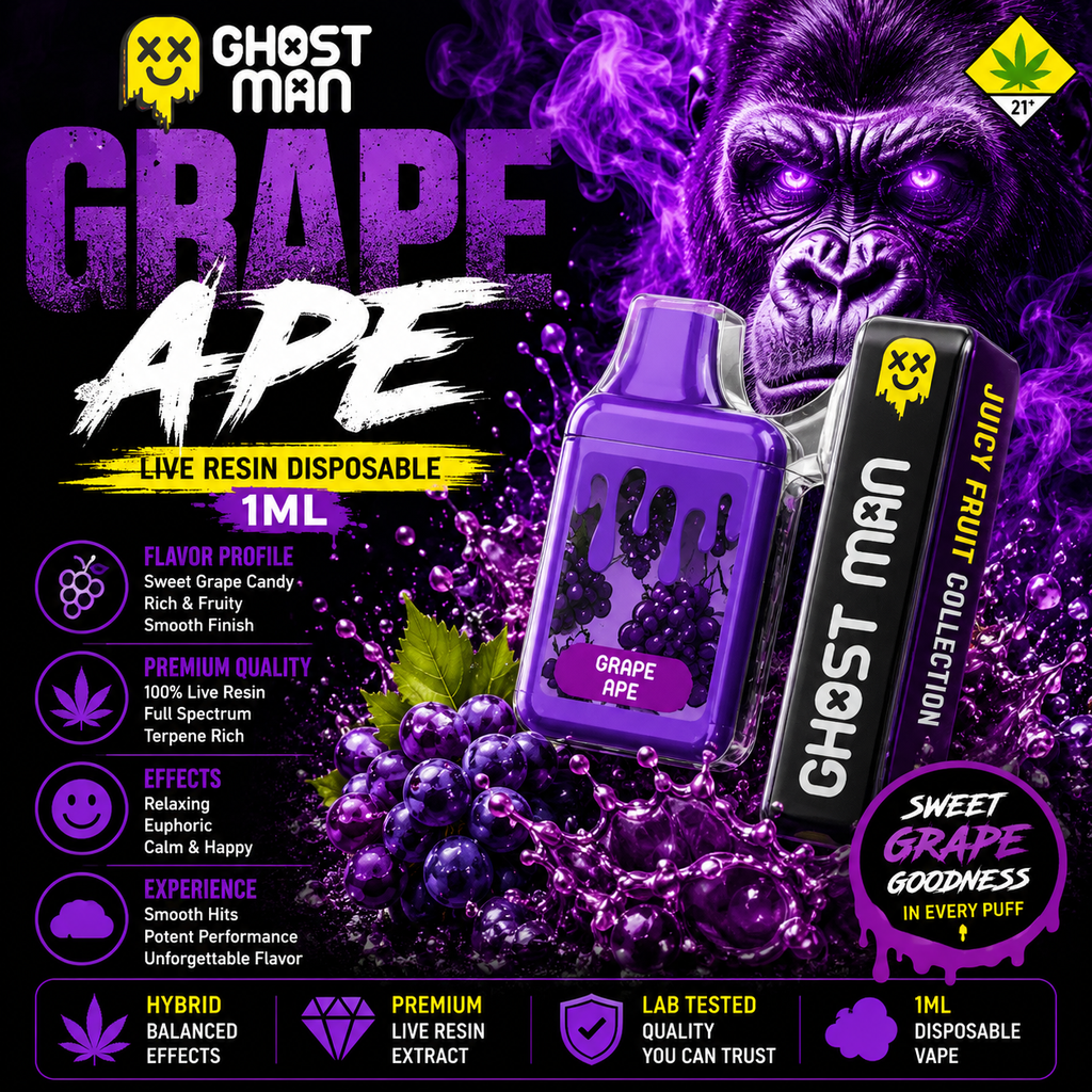 Ghost Man Grape Ape 1ML Live Resin Disposable 🍇👻 | Sweet Grape Terps | Smooth Relaxing Hybrid | 1g Vape