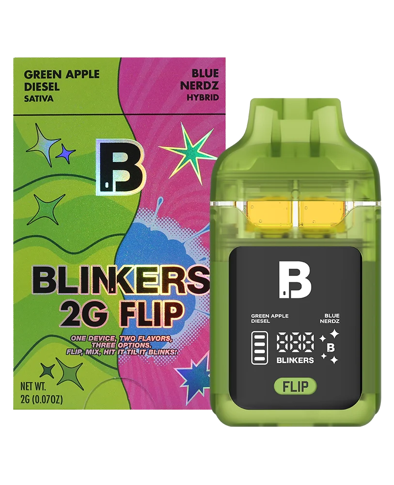 Blinkers 2G Flip – Green Apple Diesel (S) 🍏⚡ + Blue Nerdz (H) 🍬🔥 | Dual Flavor THCa Disposable