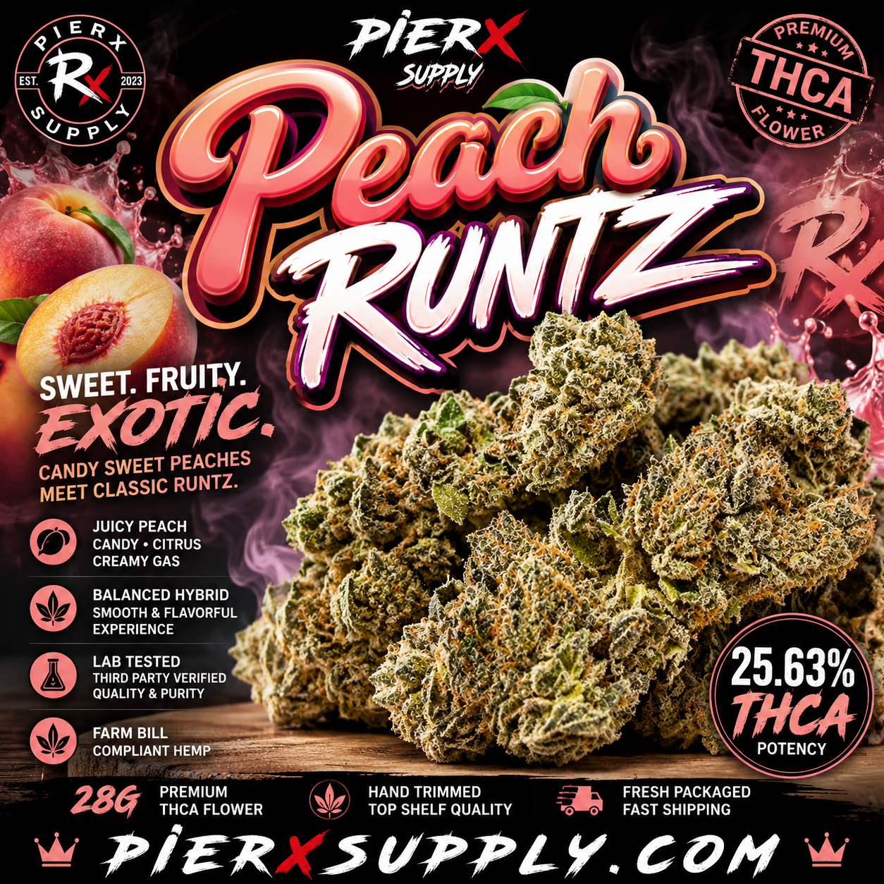 🍑 Peach Runtz THCa Flower 28g | Premium Hybrid Hemp Flower | 25.63% THCa | PieRx Supply