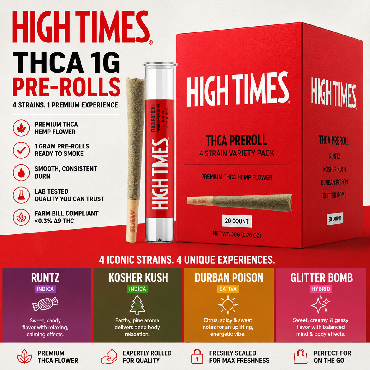 High Times THCa 1G Pre-Rolls – Runtz, Kosher Kush, Durban Poison & Glitter Bomb | Premium Ready-to-Smoke Flower