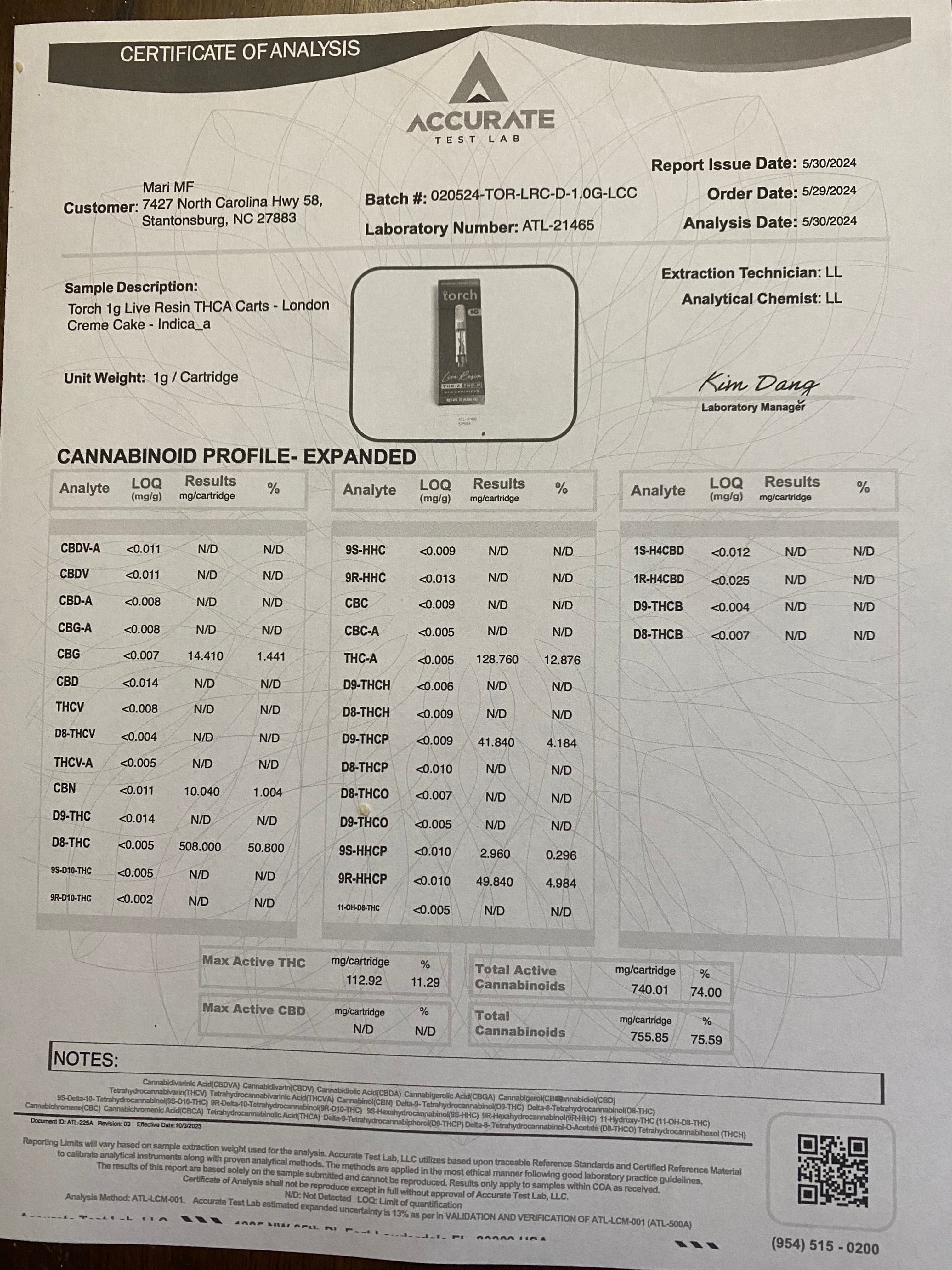 Certificate of Analysis for Torch THC-P Live Resin London Cream Cake Indica hemp-derived vape cartridge